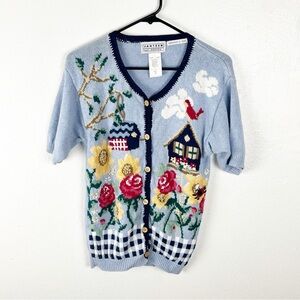 JANTZEN Hand Embroidered Blue Home Scape Graphic Button Short Sleeve Cardigan SP